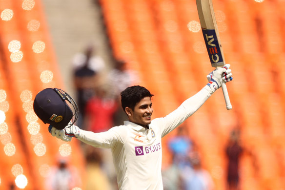 Shubman Gill celebrates his first century in India.