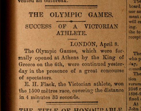 The Herald report on 1896 of Edwin Flack’s Olympic victory.
