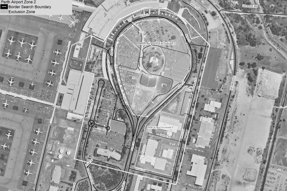 The Perth Airport WA Police search zone proposed under the new drug border laws.