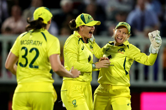 Jess Jonassen (centre) celebrates with her Australian teammates after catching Sophia Dunkley in the T20 match at Lord’s.