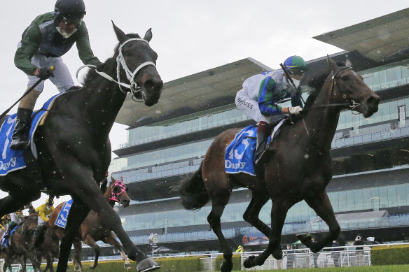 Never Been Kissed (right) wins the Darley Flight Stakes at Royal Randwick last Saturday.