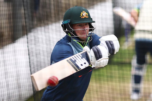 Steve Smith watching the ball closely in the nets at the MCG on Christmas Eve.