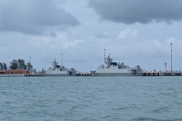 Chinese ships at Ream Naval Base, as seen from a boat off Sihanoukville.