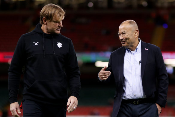 Barbarians co-coaches Scott Robertson and Eddie Jones speak before the game.