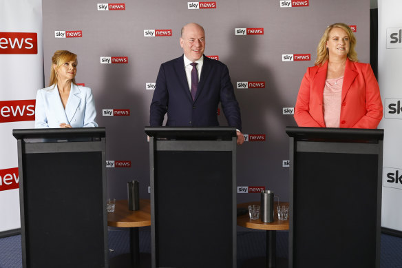 Labor’s Catherine Renshaw, Liberal MP Trent Zimmerman and Independent Kylea Tink debate on Thursday.