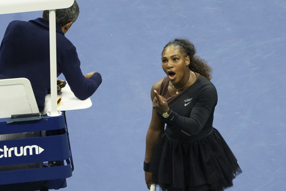 Serena Williams argues with the chair umpire Carlos Ramos during her match against Naomi Osaka at the US Open 2018.