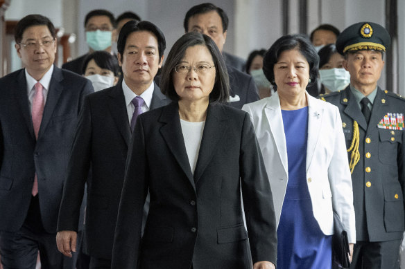 Taiwanese President Tsai Ing-wen, centre, walks ahead of Vice-President Lai Ching-te, left of her, as they attend their inauguration ceremony in Taipei last week.
