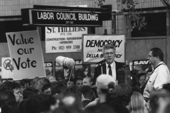Addressing a crowd in Sussex Street, 1994, during a Labor Party protest.
