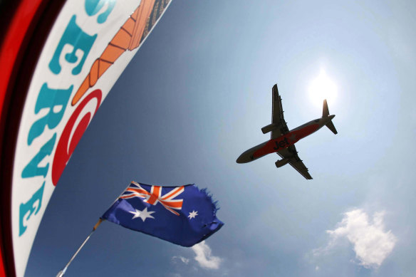 A plane coming in to land at Melbourne Airport.
