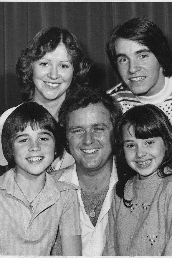 Arena (front right) with Young Talent Time host Johnny Young (centre) and cast members Julie Ryles, Jamie Redfern (back right) and John Bowles.