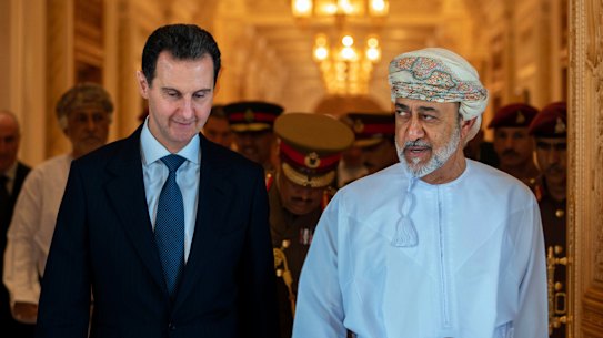 Omani Sultan Haitham bin Tariq, right, receives Syrian President Bashar al-Assad in the capital Muscat, Oman, last week.