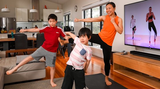 Lina Adams fits in a daily 10-minute fitness break with her sons Finn and Jude.