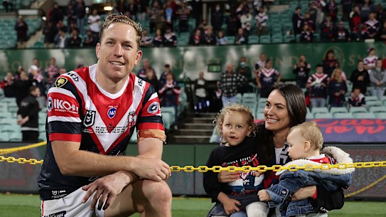 Mitchell Aubusson of the Roosters poses with his wife Laura and children after playing his 303rd match for the Roosters and becoming their most capped player in history during the round 19 NRL match between the Sydney Roosters and the Cronulla Sharks at Sydney Cricket Ground on September 19, 2020 in Sydney, Australia.