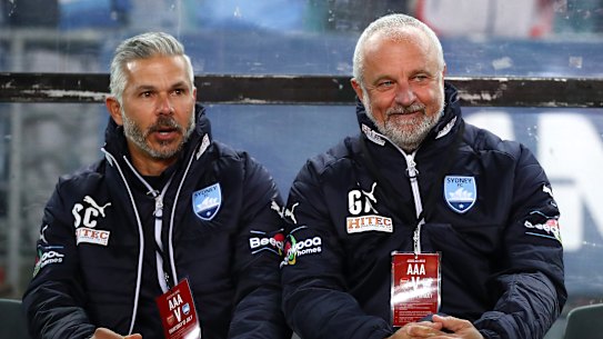Steve Corica and Graham Arnold together during the latter’s days as Sydney FC coach.