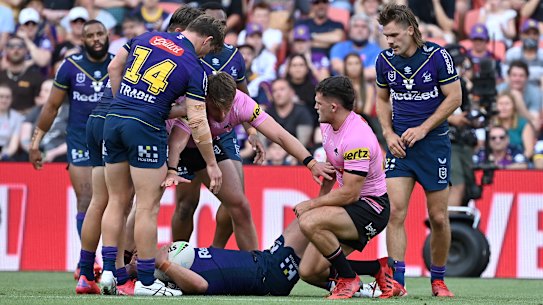 Nathan Cleary is free to play in the grand final after this tackle on Kenny Bromwich went slightly wrong.