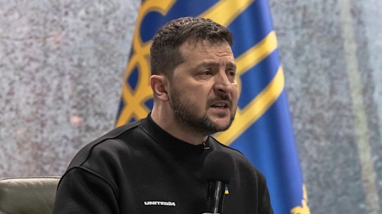 Ukrainian President Volodymyr Zelensky speaks to the media during a press conference in Kyiv.