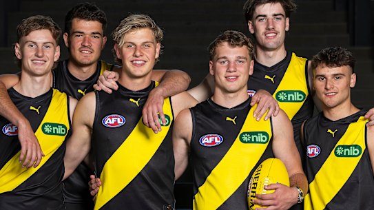 Richmond’s first-round draftees in 2024, from left to right: Luke Trainor, Harry Armstrong, Josh Smillie, Sam Lalor, Jonty Faull and Taj Hotton.