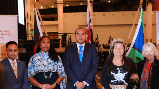 Queensland Truth-Telling and Healing Inquiry board members Ivan Ingram, Vonda Malone, chairperson Joshua Creamer, Cheryl Buchanan, and Roslyn Atkinson AO.