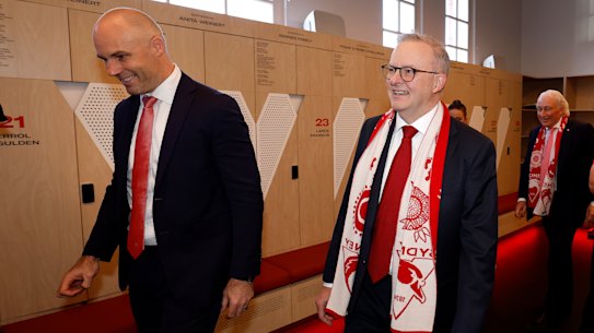 Swans boss Tom Harley takes Australian Prime Minister Anthony Albanese for a tour through club HQ.