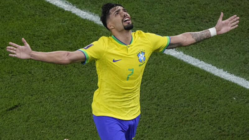 Lucas Paqueta of Brazil celebrates his goal 4-0 during the FIFA World Cup  2022, Round of 16 football match between Brazil and Korea Republic on  December 5, 2022 at Stadium 974 in