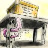 Alan Moir colour cartoon / illustration / illo / toon / artwork.
‘Australian Racial Harmony’ box on table being eaten by worms.