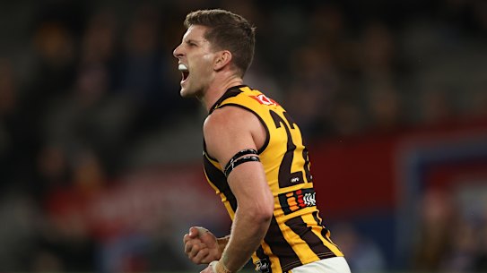 MELBOURNE, AUSTRALIA - JUNE 24: Luke Breust of the Hawks aaduring the round 15 AFL match between the Western Bulldogs and the Hawthorn Hawks at Marvel Stadium on June 24, 2022 in Melbourne, Australia. (Photo by Robert Cianflone/Getty Images)