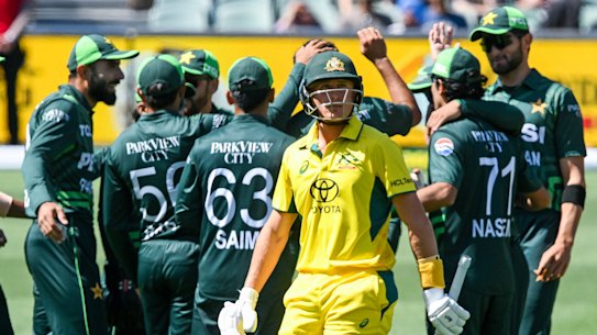 Marnus Labuschagne walks off the Adelaide Oval after being dismissed on Friday.