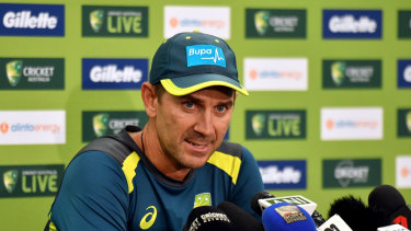 Australian coach Justin Langer speaking at a media conference in Sydney in January, 2019, where he got 'two out of 10 grumpy'. 
