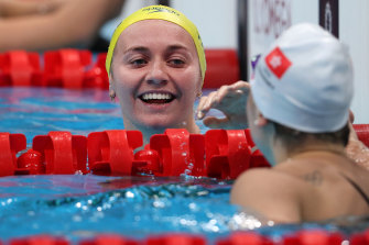 Ariarne Titmus and Siobhan Bernadette Haughey of Hong Kong  after their 200m freestyle final.