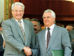 President Boris Yeltsin, left, shakes hands with Ukrainian President Leonid Kravchuk during his visit to Ukraine, Yalta, Aug. 3, 1992.
