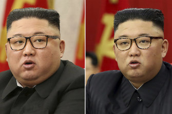Kim Jong Un alle riunioni del Partito dei lavoratori a Pyongyang l'8 febbraio, a sinistra, e il 15 giugno.  L'ultima volta che Kim ha affrontato voci sulla sua salute, avrebbe camminato con un bastone, perso un importante anniversario ufficiale o senza fiato. 