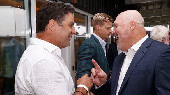 Garry Lyon and Jason Dunstall share a laugh at the opening of the centre named in their great mate’s honour.