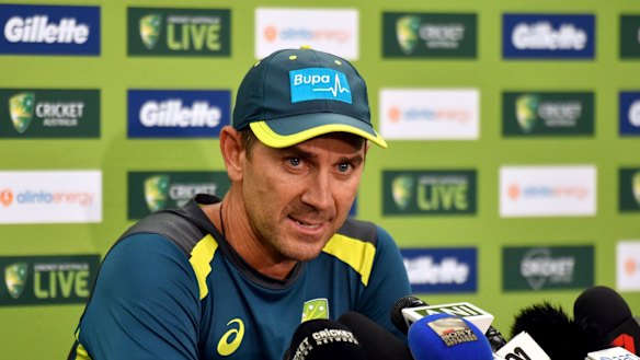 Australian coach Justin Langer speaking at a media conference in Sydney in January, 2019, where he got 'two out of 10 grumpy'. 