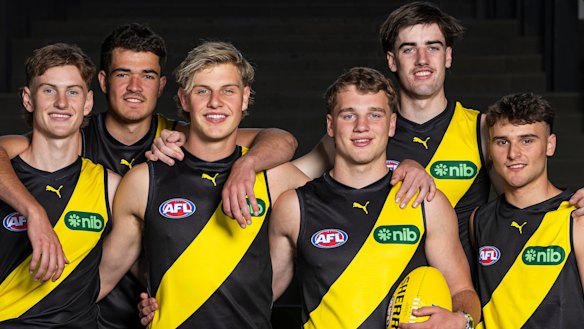 Richmond’s first-round draftees in 2024, from left to right: Luke Trainor, Harry Armstrong, Josh Smillie, Sam Lalor, Jonty Faull and Taj Hotton.