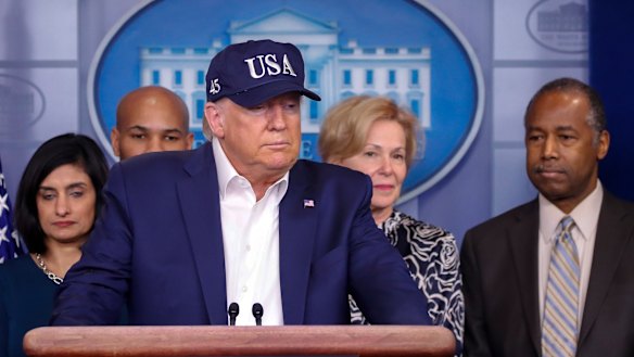 President Donald Trump speaks during a briefing on the coronavirus at the White House. 