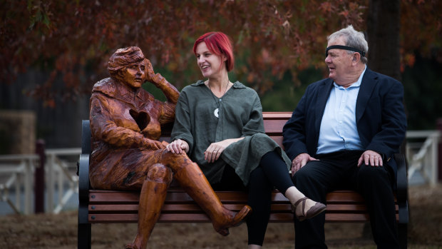 Much loved figures: the new sculptures' designer Amanda Gibson and Vietnam veteran Bill Cantwell with The Letter, depicting a woman waiting for a loved one serving elsewhere. 