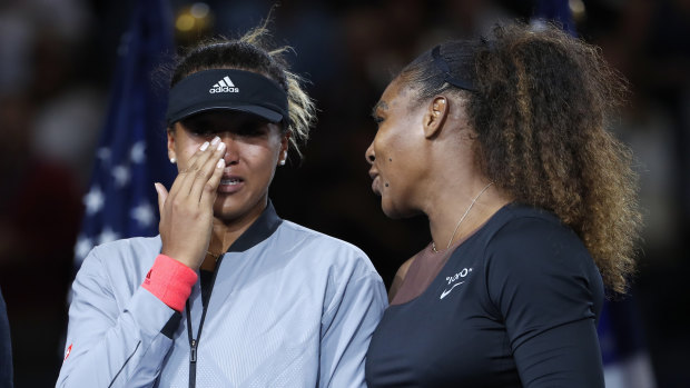 Serena Williams comforts a tearful Naomi Osaka after the women's final of the US Open. 