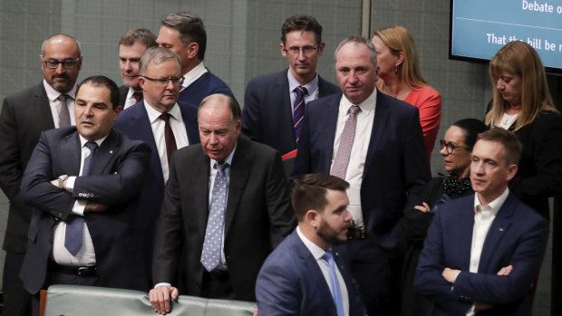 Opposition Leader Anthony Albanese standing with government MPs during the vote.
