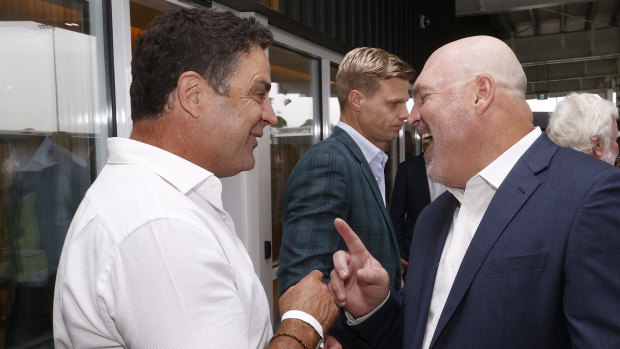 Garry Lyon and Jason Dunstall share a laugh at the opening of the centre named in their great mate’s honour.