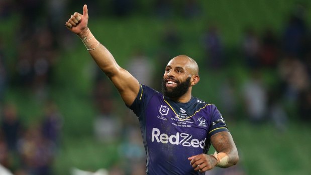 Josh Addo-Carr thanks the crowd after Friday night’s win against Brisbane.