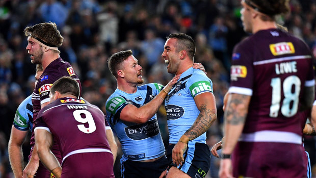 Paul Vaughan of the Blues celebrates scoring a try during game three of this year's Origin series.
