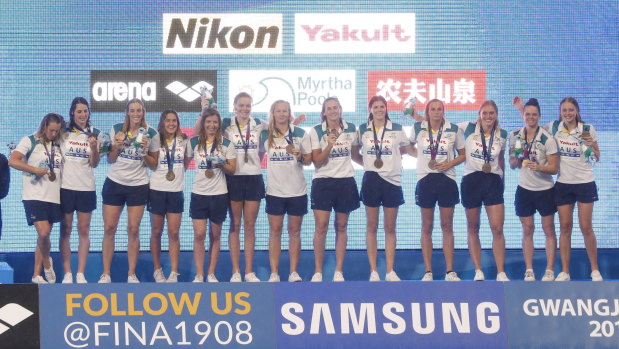 The Australian women's team were out celebrating their bronze medal at the World Aquatics Championships in Gwangju.
