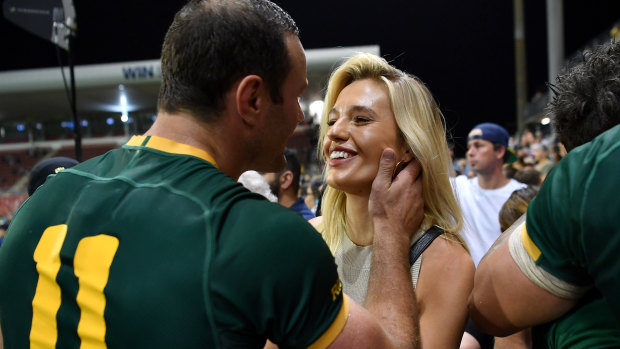 Smitten: Boyd Cordner with partner Jemma Barge after the Kangaroos' win against the Kiwis.