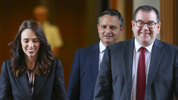 From left: New Zealand Prime Minister Jacinda Ardern, Finance Minister Grant Robertson and Climate Change Minister James Shaw at Parliament in Wellington.