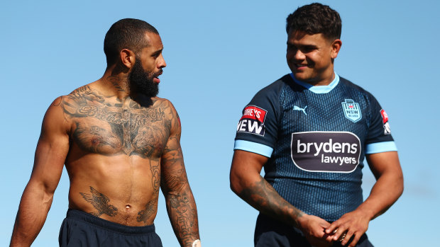 Josh Addo-Carr and Latrell Mitchell during a New South Wales Blues State of Origin session.