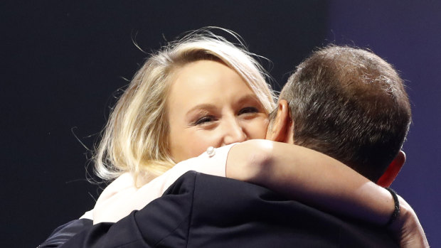 Marion Marechal broke with her aunt Marine Le Pen, head of the far-right National Rally, a leading candidate for the French presidential elections, to support far-right candidate Eric Zemmour. Here she hugs him at a rally.