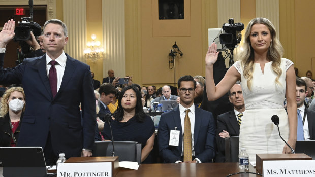 Matt Pottinger, former deputy national security adviser, and Sarah Matthews, former White House deputy press secretary, are sworn in.