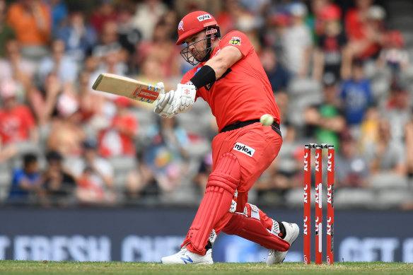 Aaron Finch lets fly for the Renegades during their clash with the Brisbane Heat on Monday. 