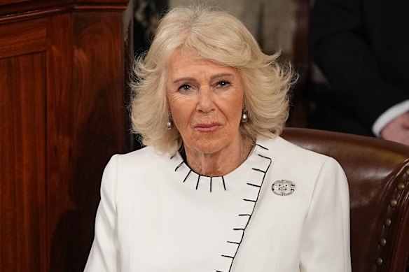 Queen Camilla wearing the Queen Mother’s rock crystal brooch, listening to King Charles deliver a speech to US Congress.