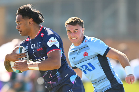 Daniel Maiava playing for the embattled Melbourne Rebels earlier this month in a Super Rugby Pacific trial match.